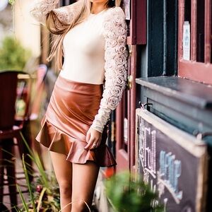 Brown Ruffle Leather Skirt